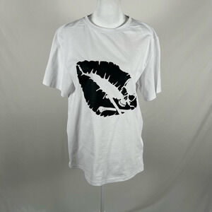 Women’s Tee T-Shirt Top Short Sleeve White Black Skeleton Kiss Medium Casual